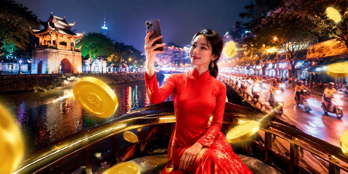 Người dùng Hà Nội trong trang phục áo dài đăng ký tài khoản và nhận thưởng xổ số trực tuyến