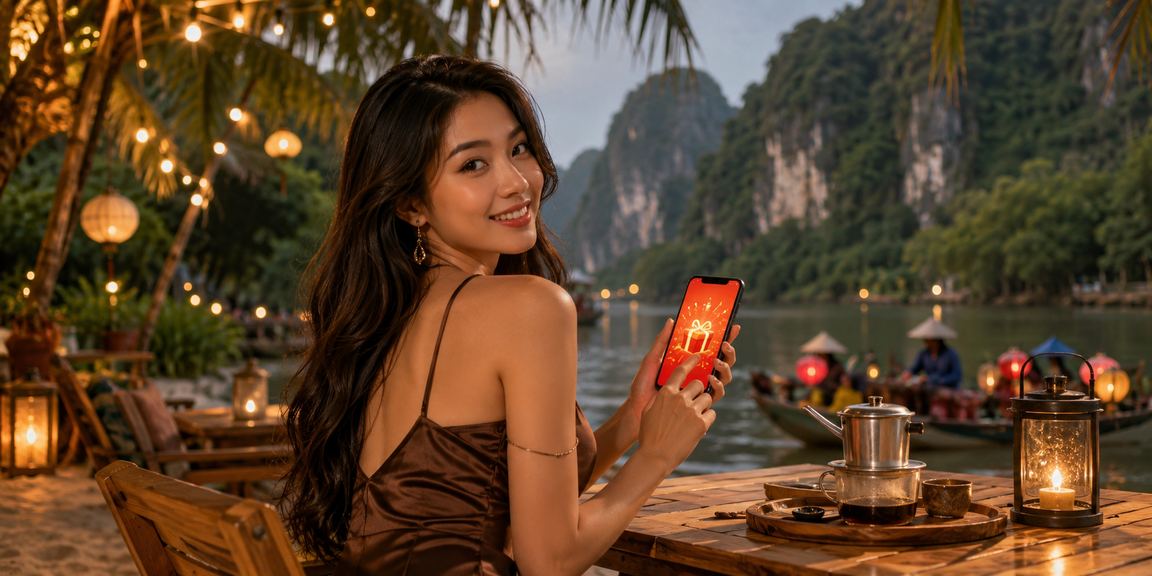 Phong bì đỏ may mắn biểu tượng thưởng tại Ninh Bình trên nền cà phê Việt
